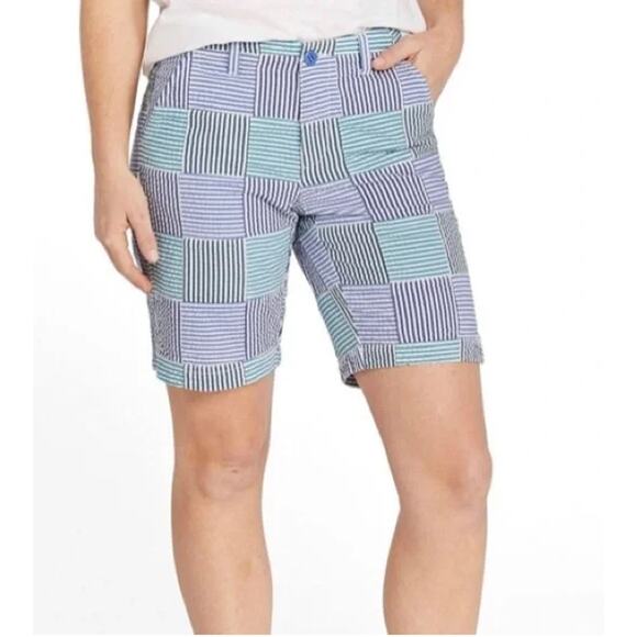 L.L. Bean Madras Seersucker Patchwork Favorite Fit Bermuda Shorts Blue Womens 14 - Picture 1 of 15